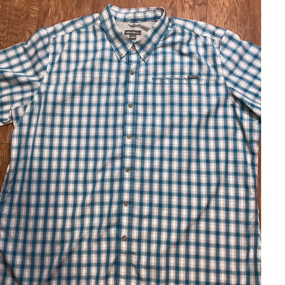 Eddie Bauer Men's 2XL Blue Plaid Button Down‎ Shirt Button Down Short Sleeve
